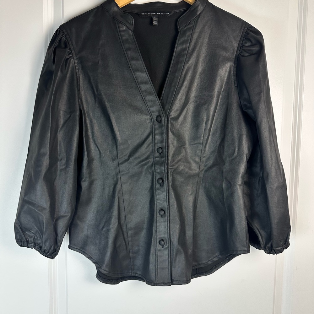 White House Black Market Black Leather Blouse - Picture 4 of 9